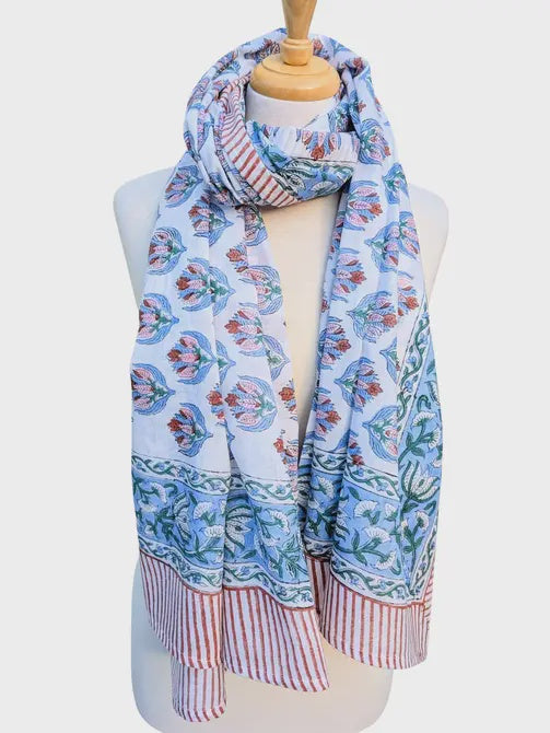 Blue & Brown Floral Block Print Pareo Sarong Scarf - Precious Sparkle