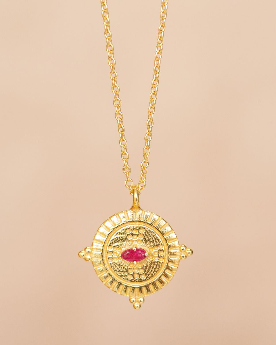muja juma Ambre Round Coin Ruby Necklace - Precious Sparkle