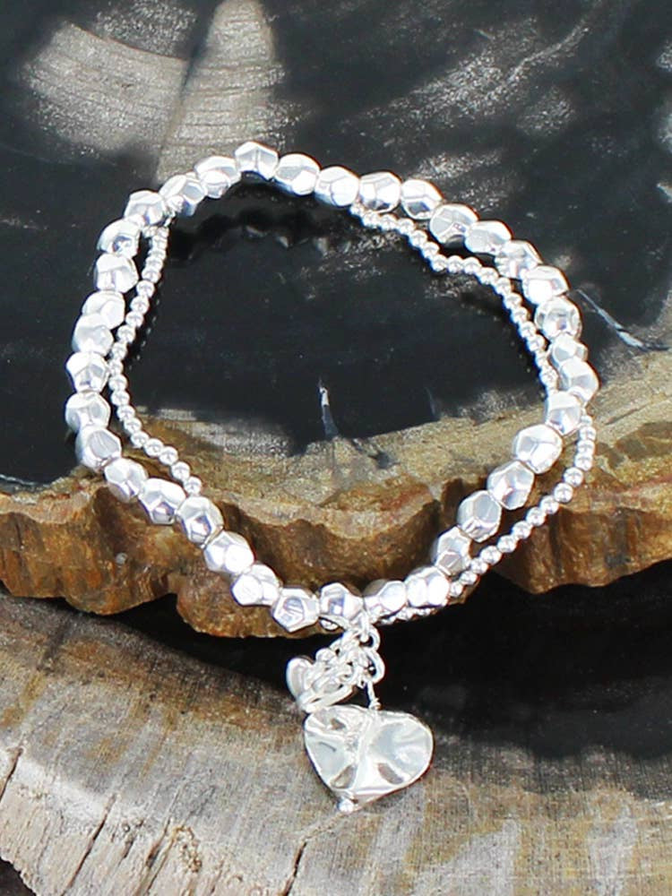 Suzie Blue Elasticated 2 Strand Bracelet Heart Charms