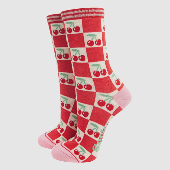 Sock Talk Cream/Red Cherry Squares Bamboo Socks - Precious Sparkle
