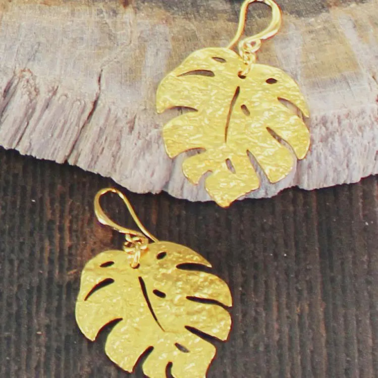 Suzie Blue Textured Leaf Earrings Gold Plate