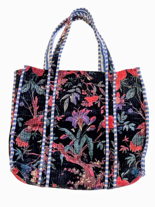 Velvet Quilted Tote Bag- Navy Blue Paradise - Precious Sparkle