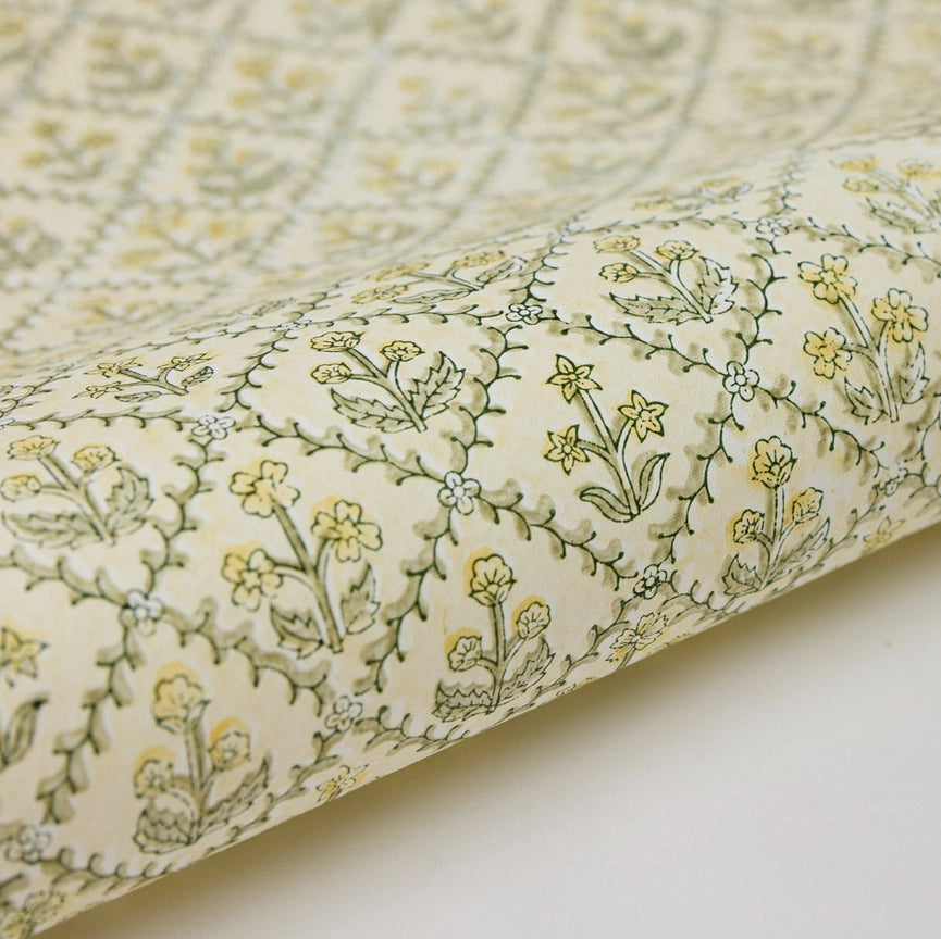 Paper Mirchi Block Printed Wrapping Paper Sheets Bp Floral Lattice Buttercream - Precious Sparkle