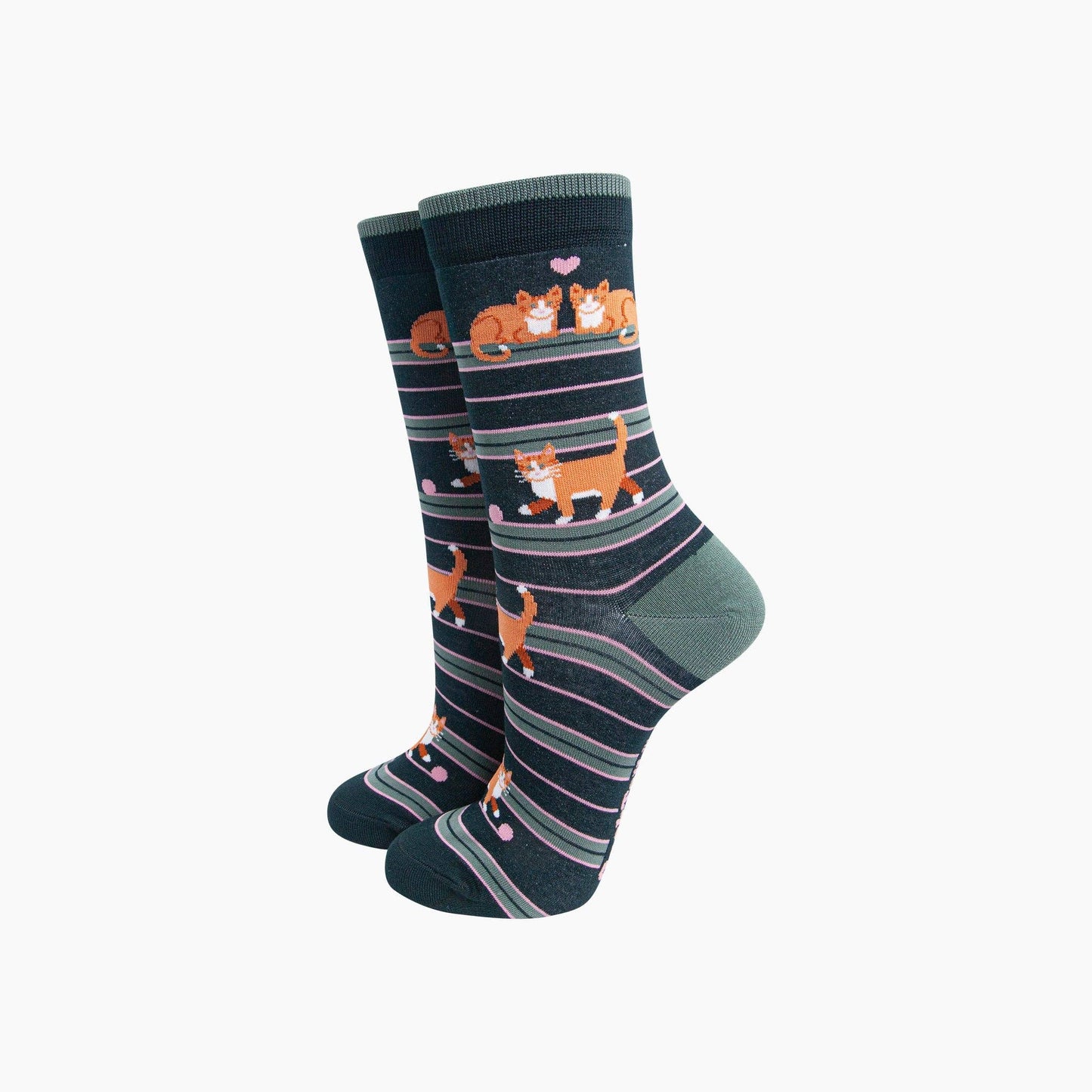 Cat Stripe Women's Bamboo Socks in Dark Green