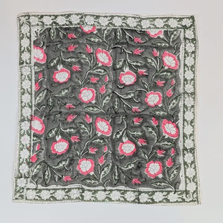 Grey & Pink Block Print Bandana Square Scarf
