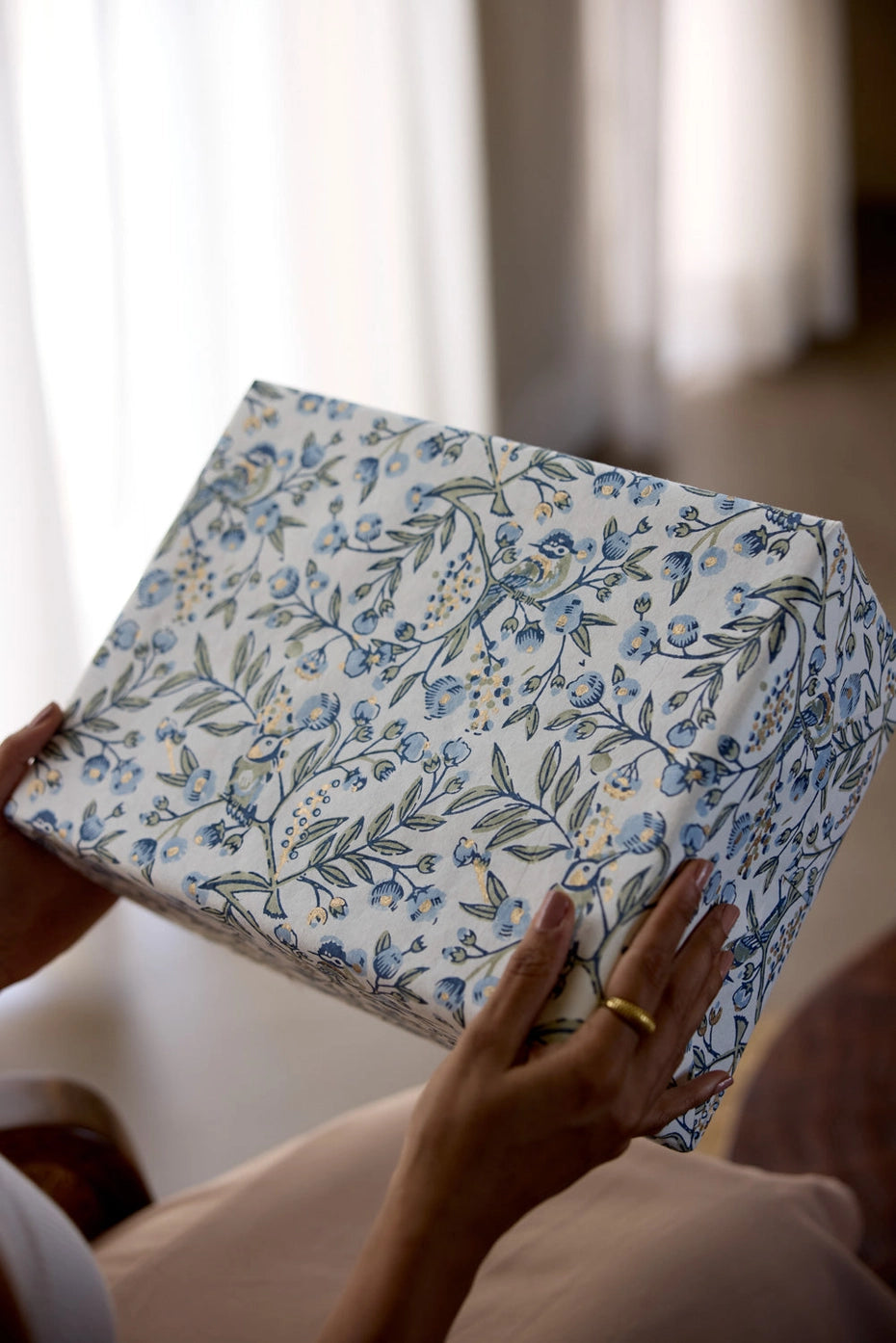 Paper Mirchi Block Printed Wrapping Paper Song Birds Bluestone - Precious Sparkle