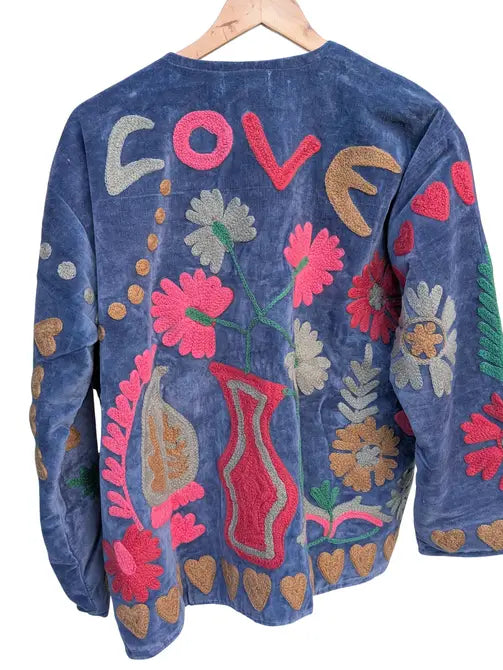 Love Periwinkle Blue Velvet Suzani Kimono Embroidered Jacket - Precious Sparkle