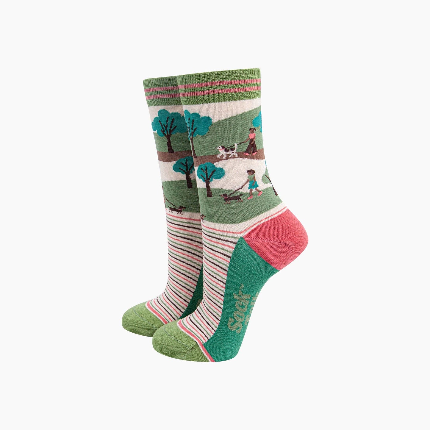 Dog Walking Bamboo Socks in Green/Pink - Precious Sparkle