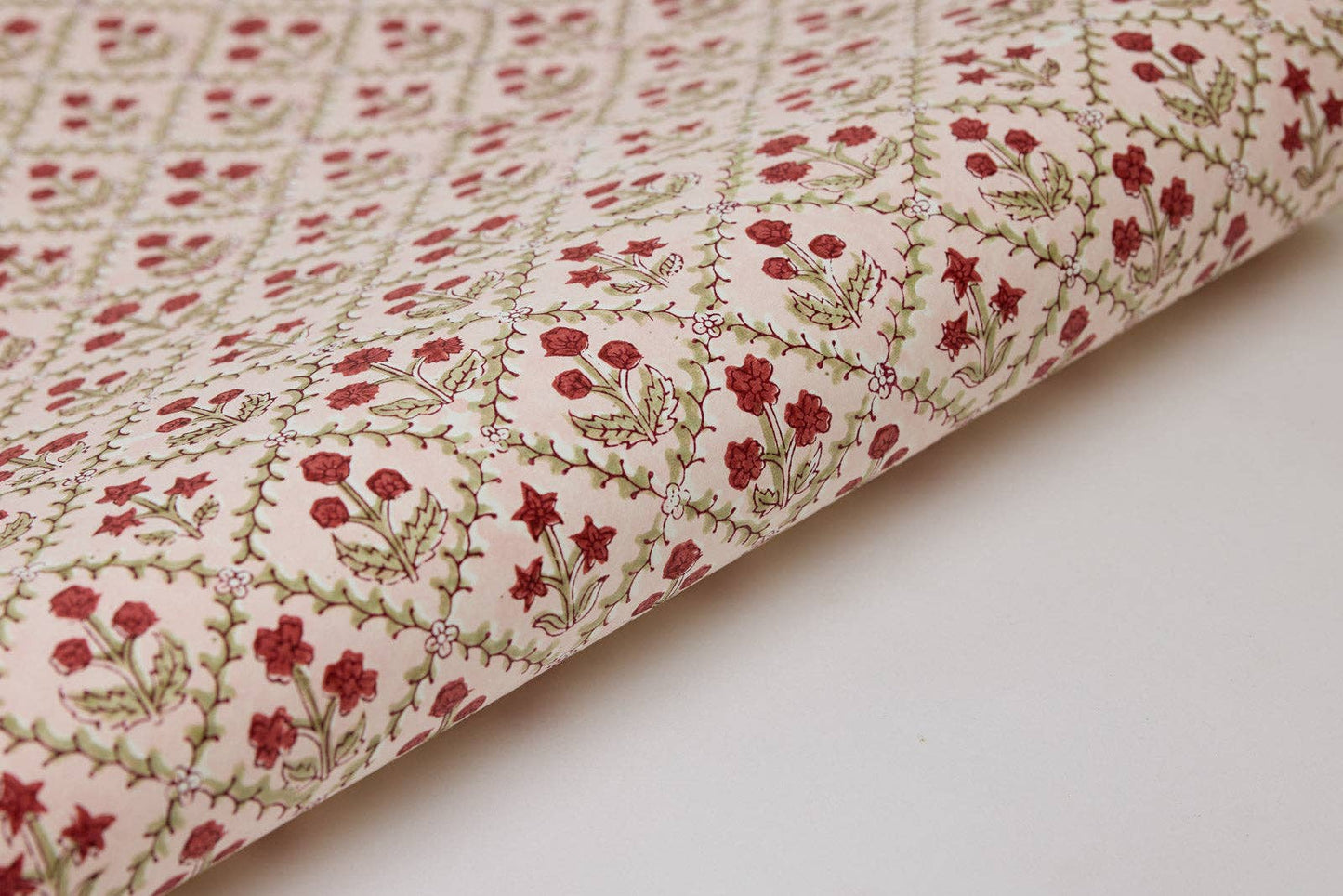 Paper Mirchi Block Printed Wrapping Paper Sheets - Floral Lattice Winter Red