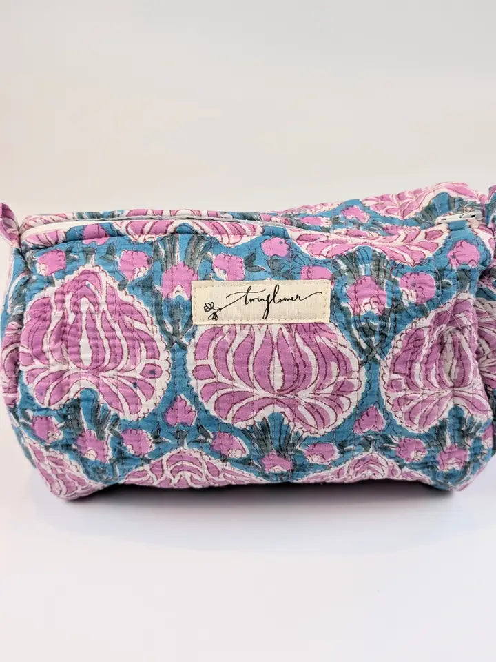 Teal & Pink Lilac Flower Block Print Quilted Large Washbag - Precious Sparkle