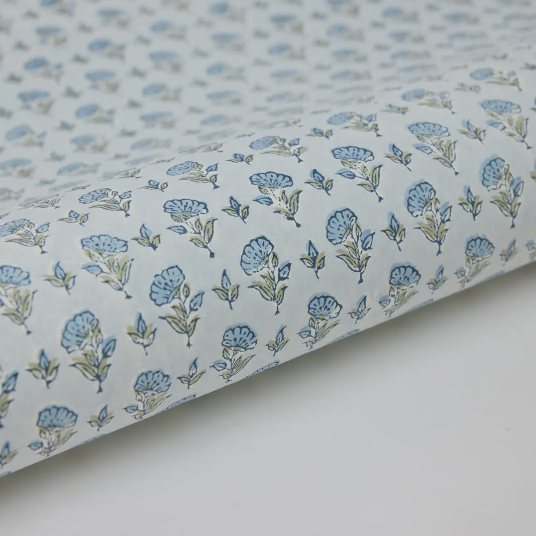 Paper Mirchi Block Printed Wrapping Paper Ditsy Floral Blue Stone
