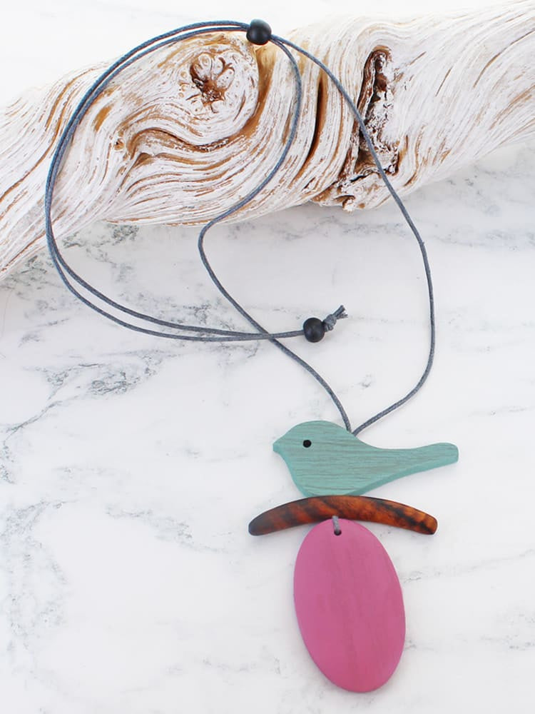 Suzie Blue Wooden Bird Pendant Necklace Pink - Precious Sparkle