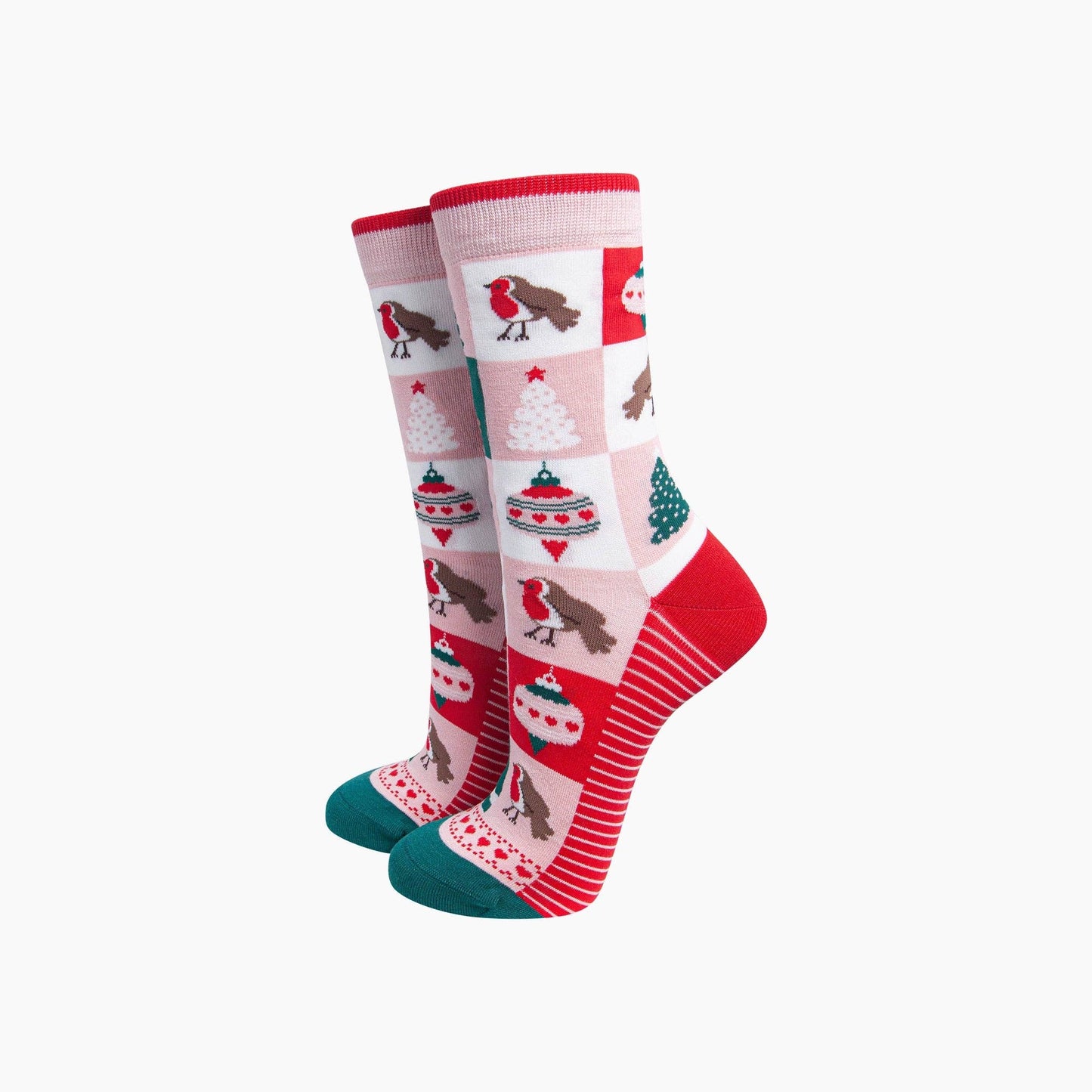 Sock Talk Christmas Tree Squares Women's Bamboo Socks in Soft Pink/Red - Precious Sparkle