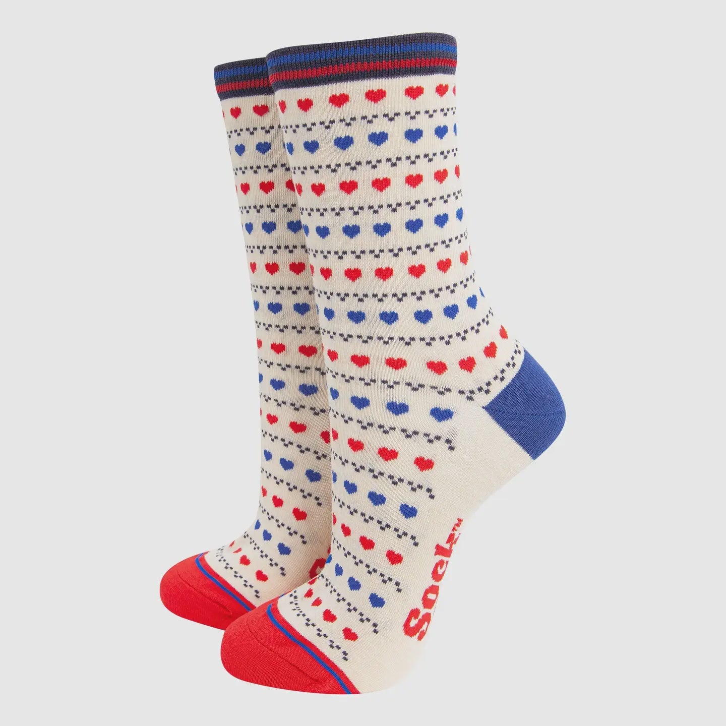 Sock Talk Women's Bamboo Socks - Cream/Red/Blue, Heart Fair Isle - Precious Sparkle
