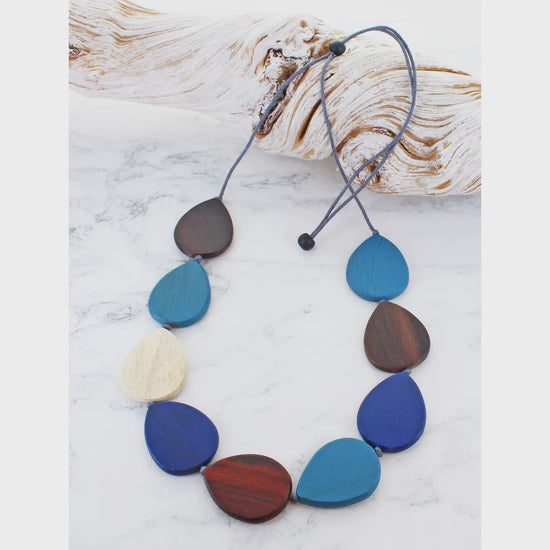 Suzie Blue Wooden Teardrop Necklace Blue/Brown - Precious Sparkle