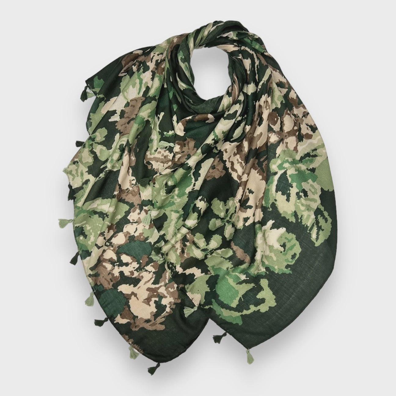 Pixel Flower Print Tassels Green Scarf