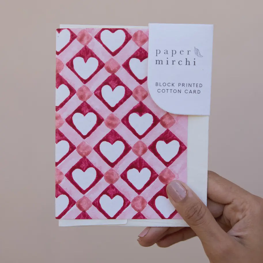 Hand Block Printed Greeting Card - Red Checks Heart - Precious Sparkle