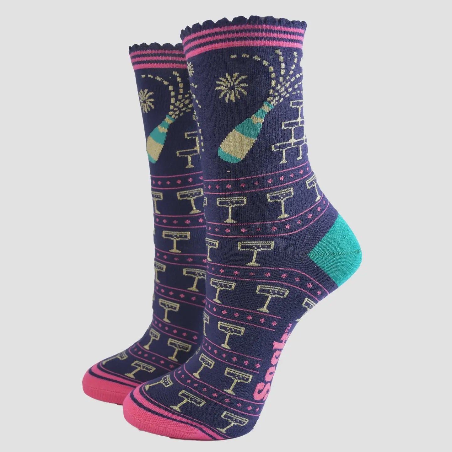 Sock Talk Women's Bamboo Socks - Navy Blue/Pink, Champagne Celebration - Precious Sparkle