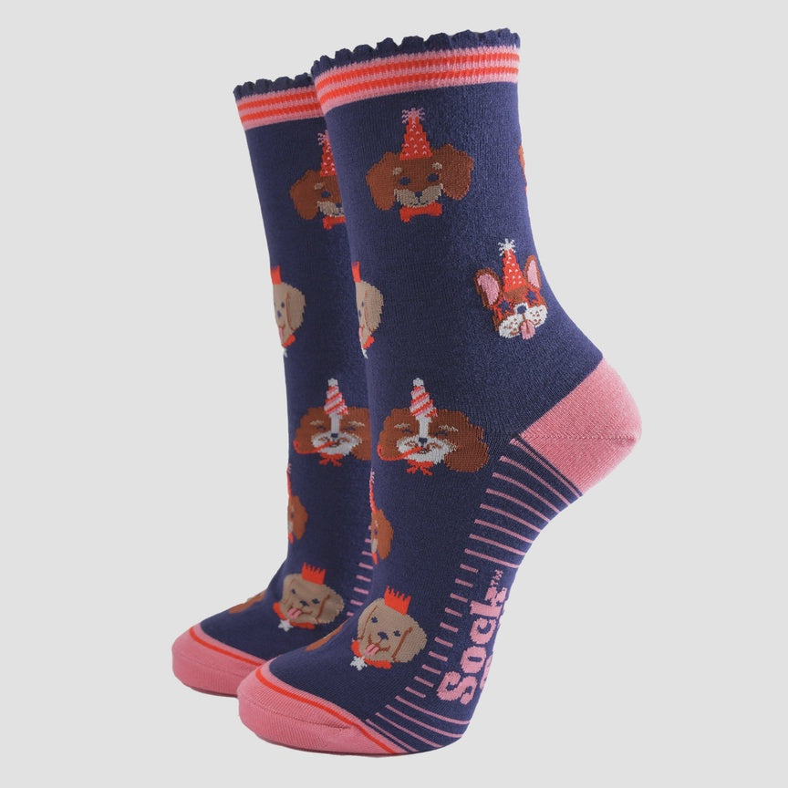 Socks Talk Navy/Pink Party Dogs Bamboo Socks - Precious Sparkle