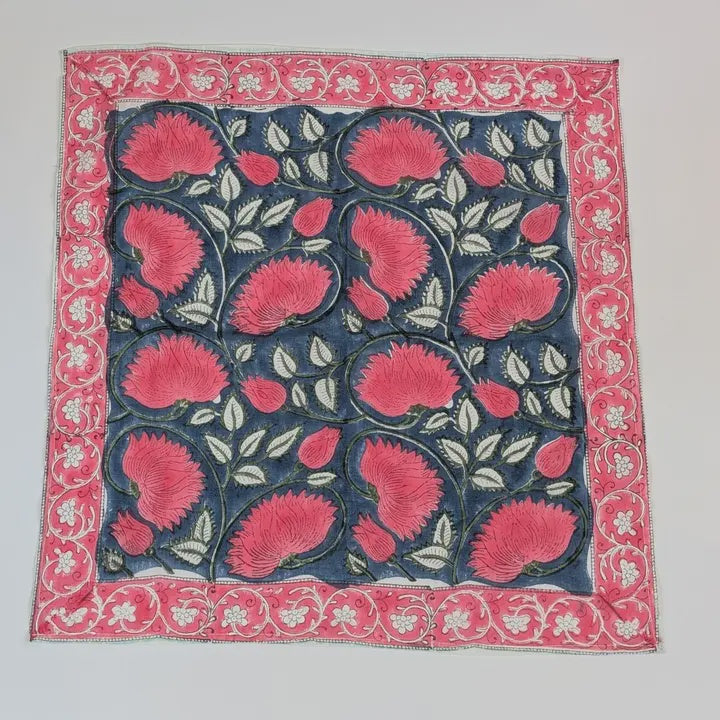 Blue & Pink Block Print Bandana Square Scarf