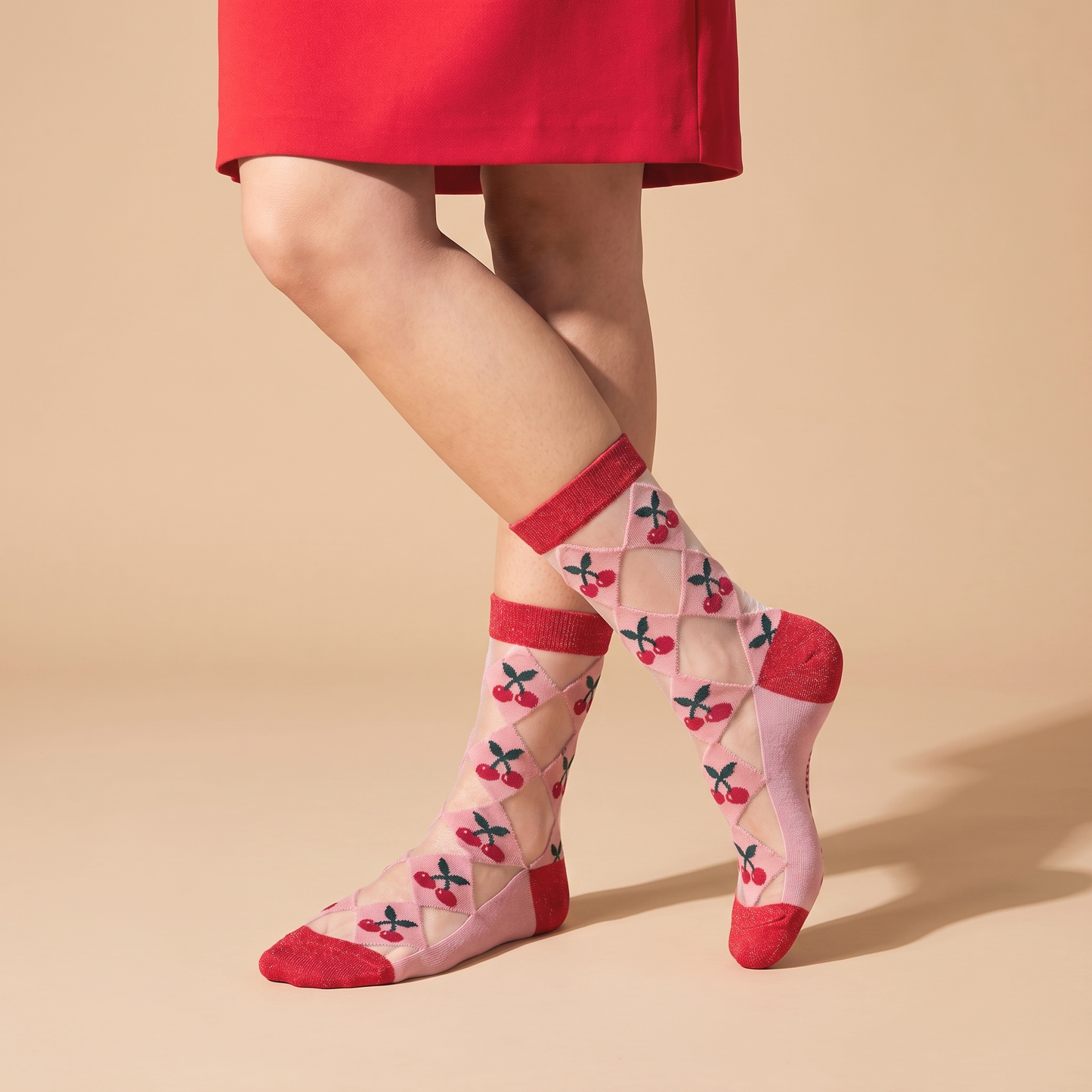 Cherry Sheer Socks in Red/Soft Pink