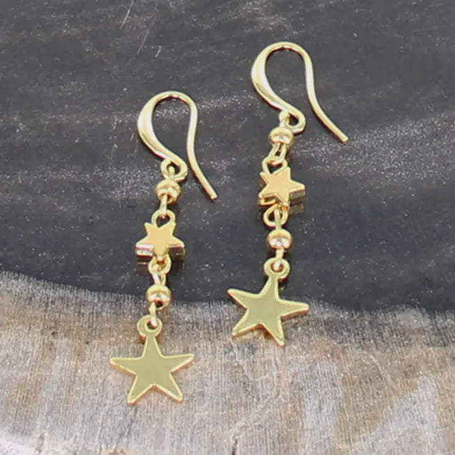 Suzie Blue Double Star Drop Charm Earring Gold - Precious Sparkle