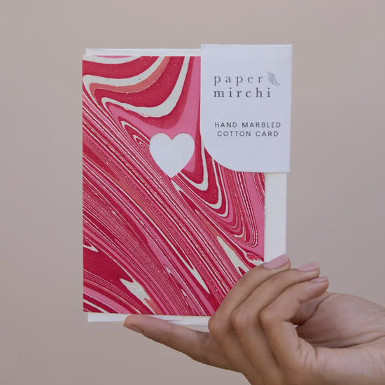 Hand Marbled Greeting Card - Die Cut Heart Pink Marble - Precious Sparkle