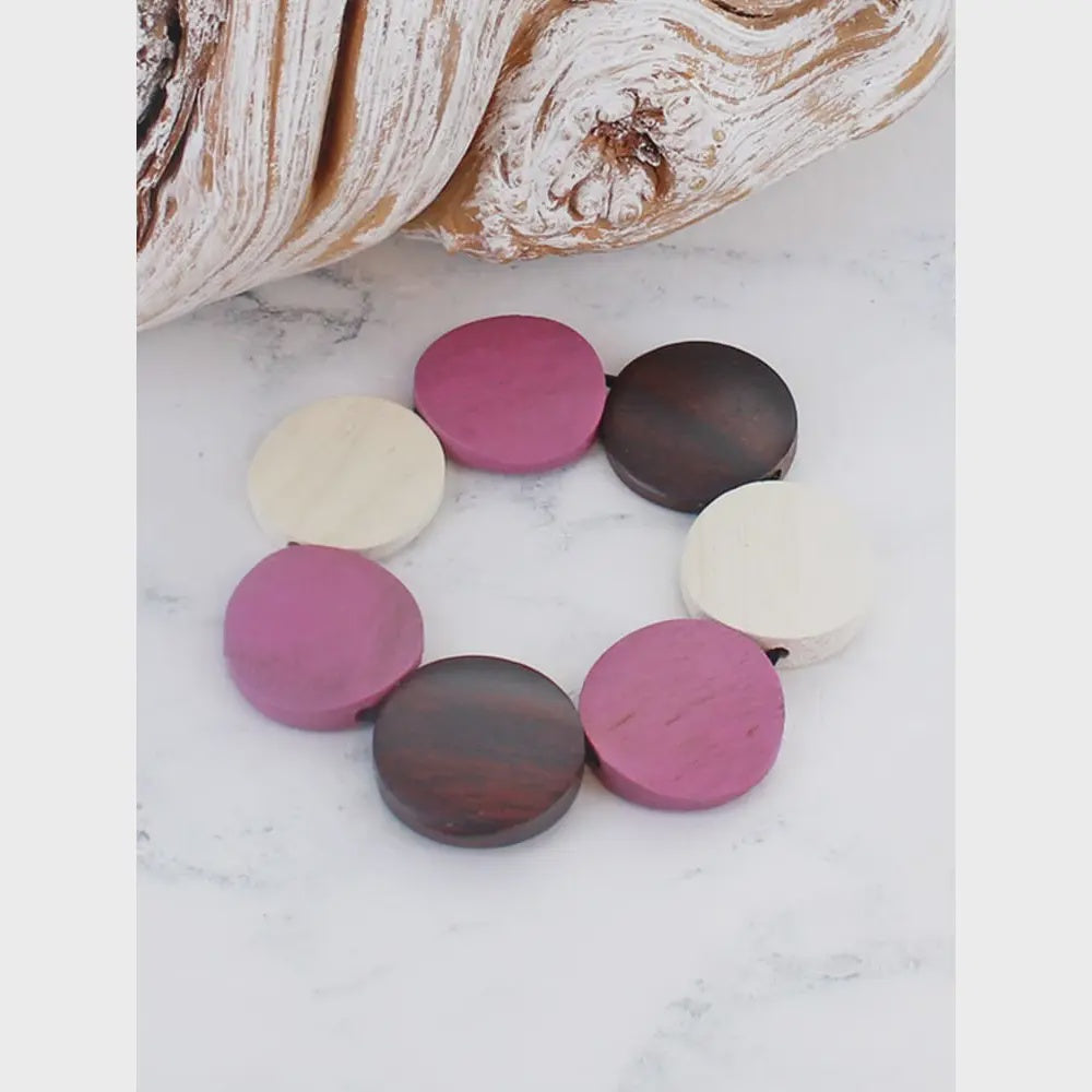 Suzie Blue Elasticated Wooden Disc Bracelet Pink