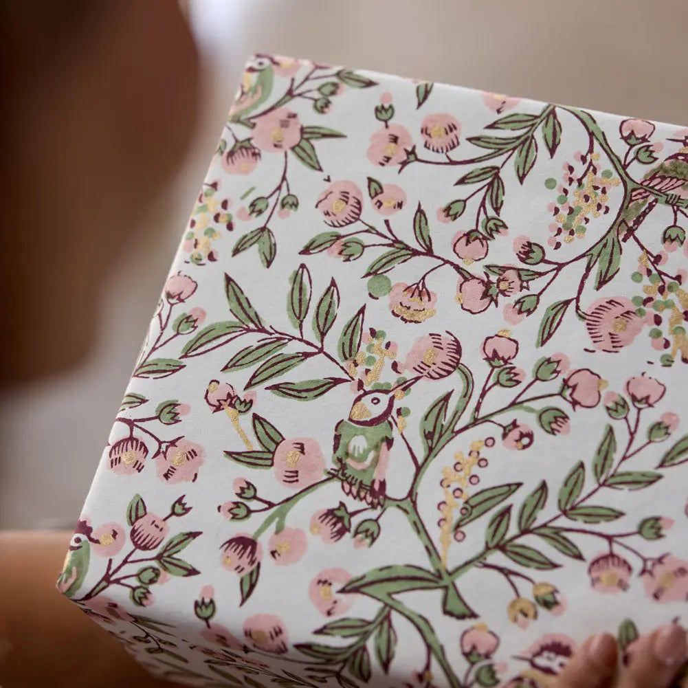 Paper Mirchi Block Printed Wrapping Paper Song Birds Blush - Precious Sparkle