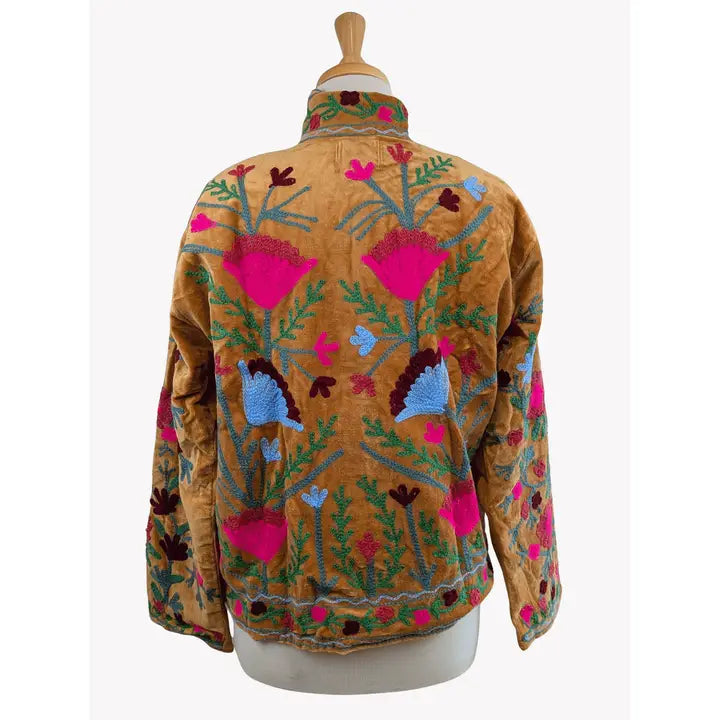 Gold & Fuchsia Velvet Suzani Kimono Embroidered Boho Jacket