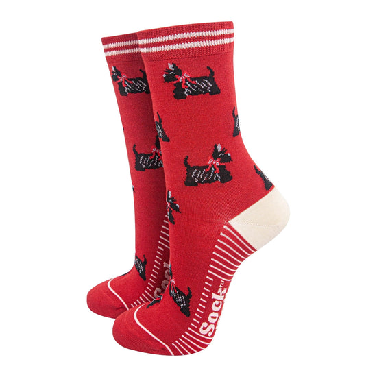 Sock Talk Women's Bamboo Socks - Red/Cream, Scottish Terriers