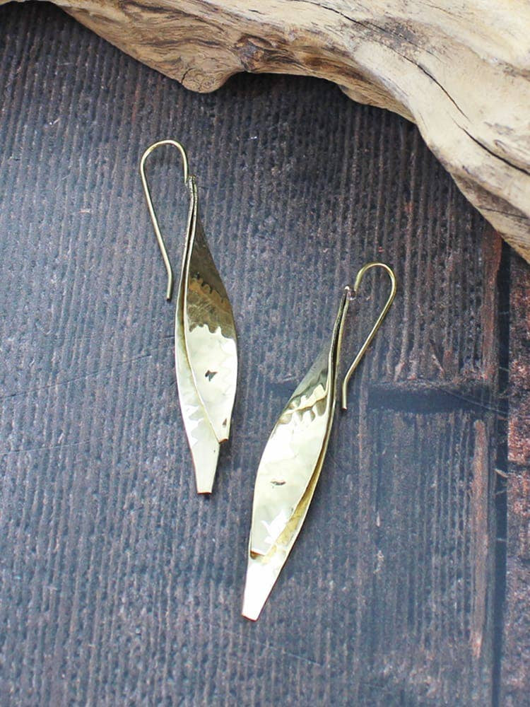 Suzie Blue Twisted Beaten Leaf Earrings Gold Plated