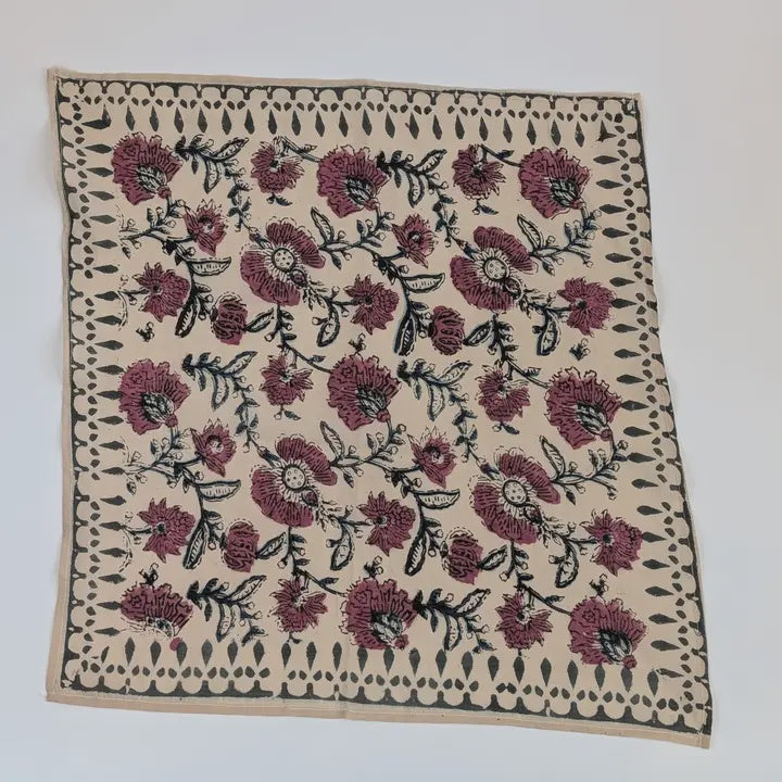 Natural Cherry Pink Block Print Bandana Square Scarf