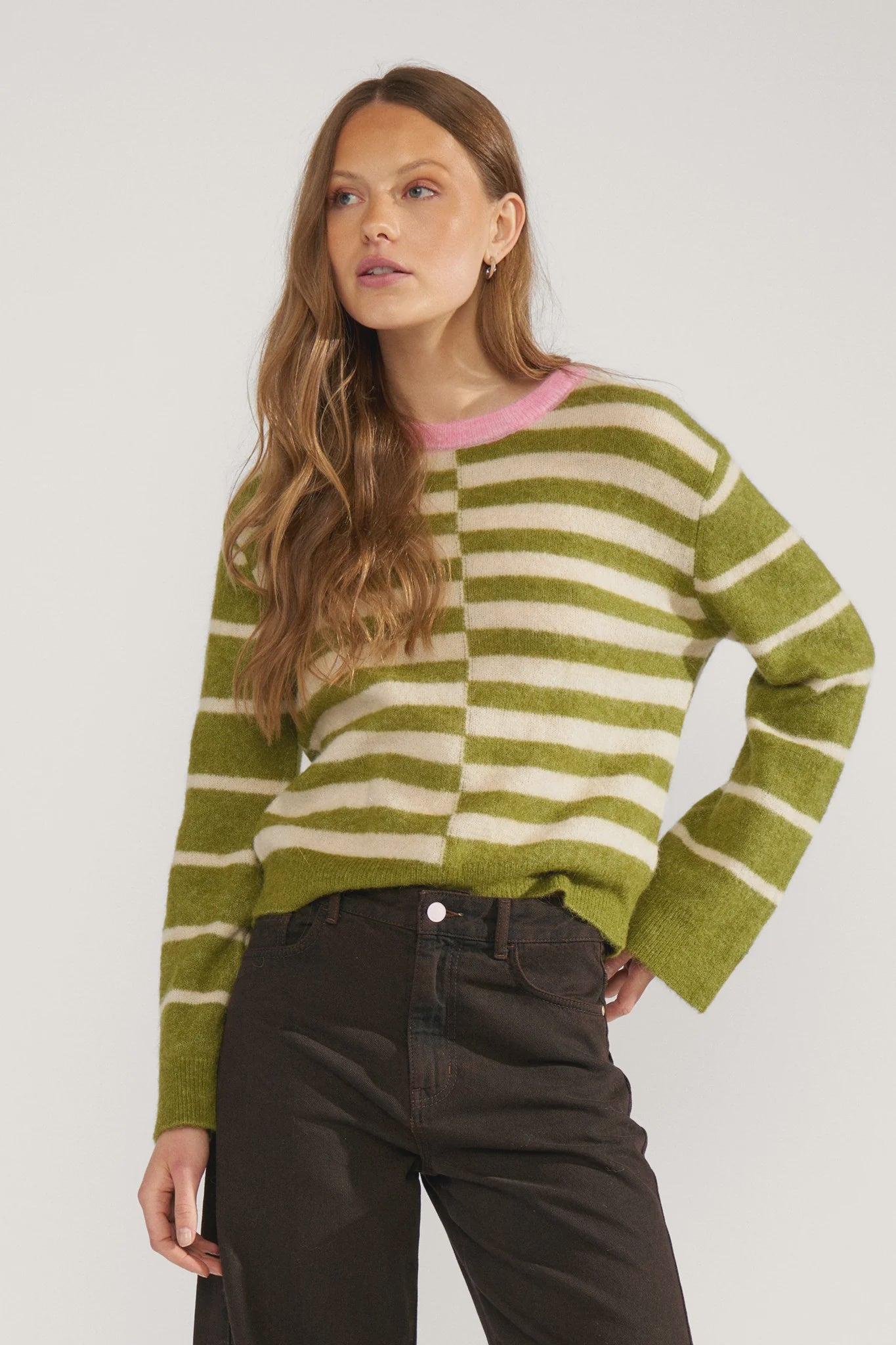Numph Nuriette Block Stripe Pullover - Calla Green