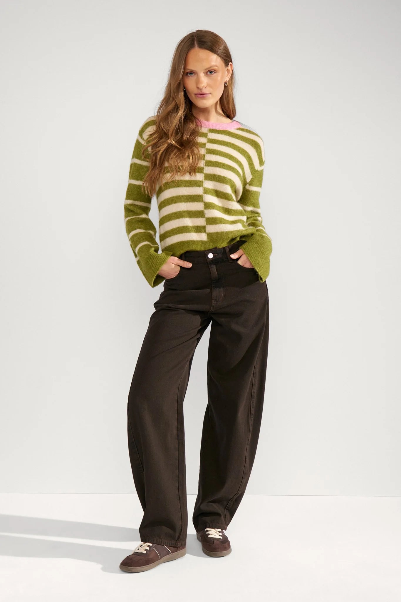 Numph Nuriette Block Stripe Pullover - Calla Green