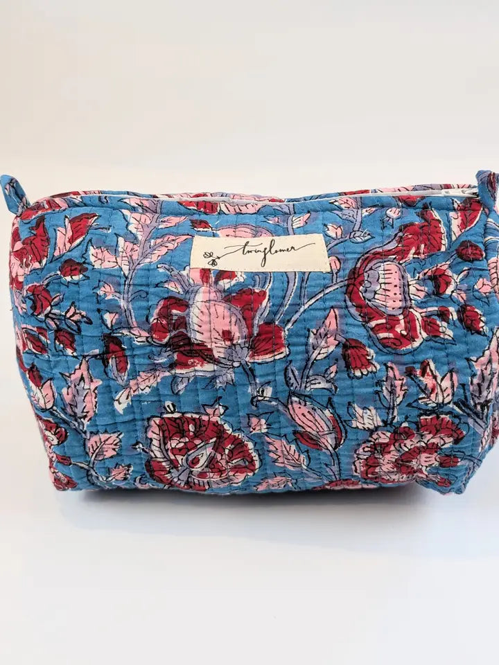 Blue & Red Floral Block Print Quilted Large Washbag - Precious Sparkle
