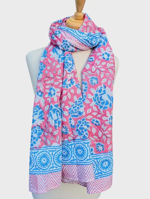 Blue Flowers with Pink Block Print Pareo Sarong Scarf - Precious Sparkle