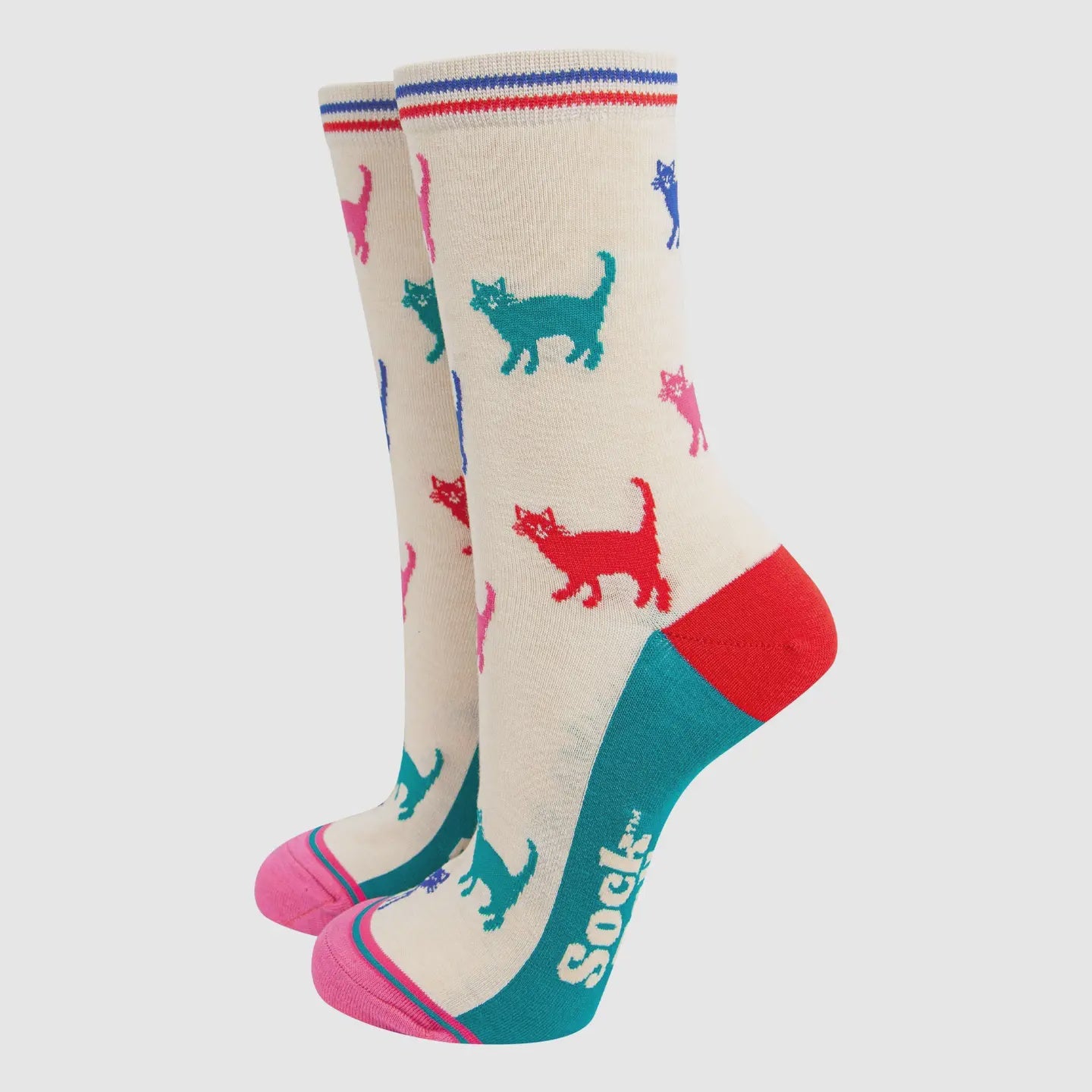 Sock Talk Women's Bamboo Socks- Cream/Multi, Cats