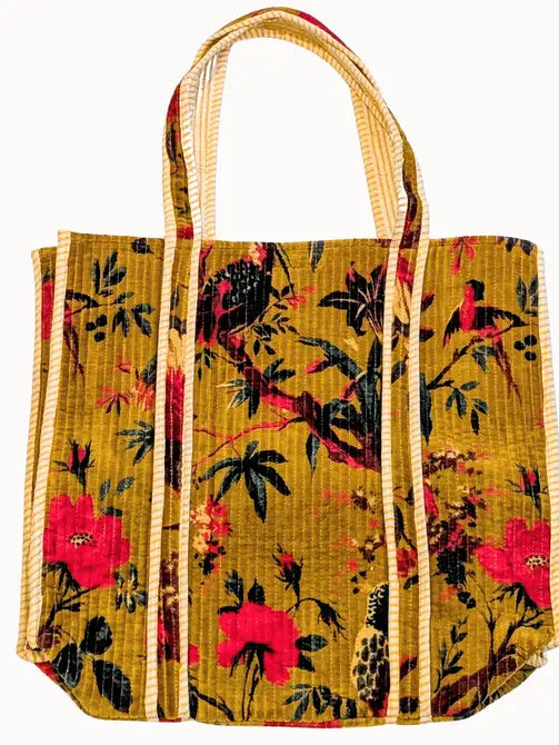 Velvet Quilted Indian Tote Bag -Paradise Mustard - Precious Sparkle