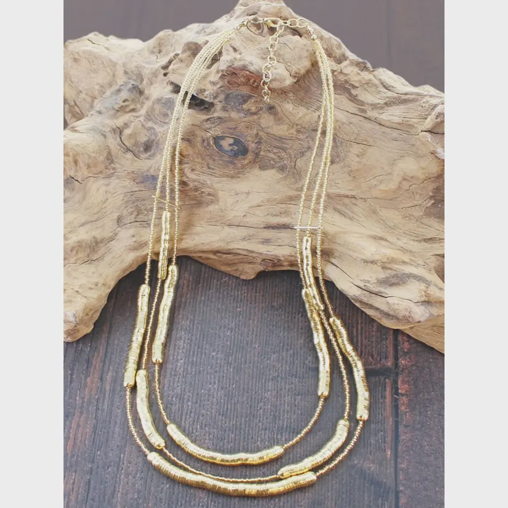 Suzie Blue Triple-Strand Snake & Bead Necklace Gold