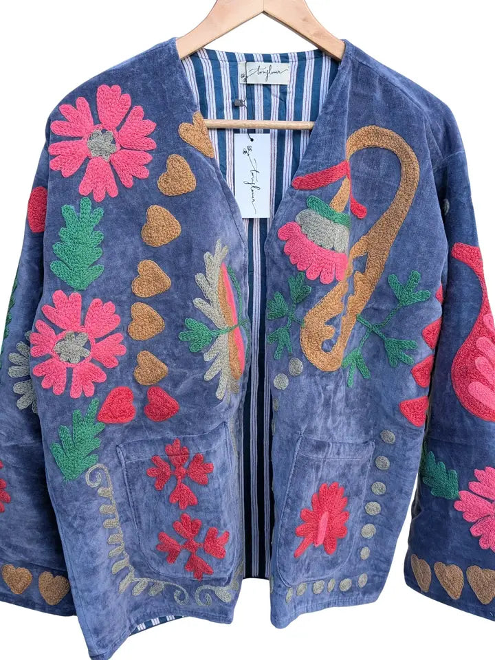 Love Periwinkle Blue Velvet Suzani Kimono Embroidered Jacket - Precious Sparkle