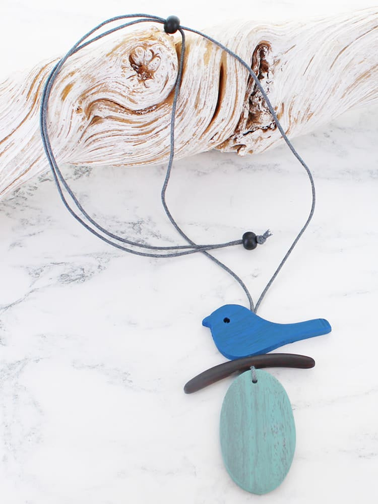 Suzie Blue Wooden Bird Pendant Necklace Blue - Precious Sparkle