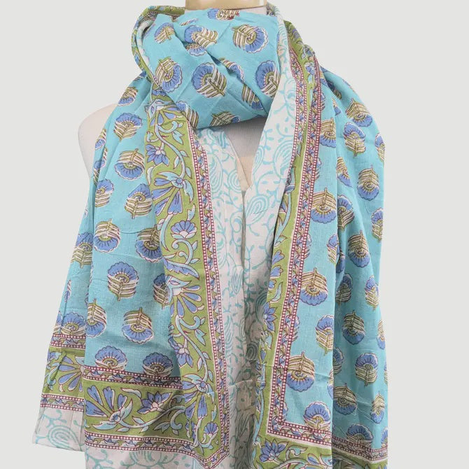 Aqua Blue & Green Floral Block Print Pareo Sarong Scarf - Precious Sparkle