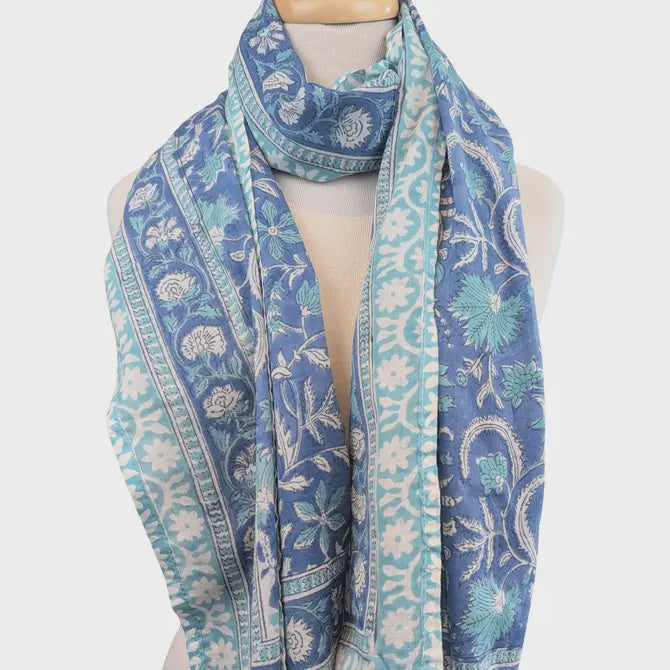 Blue Floral Block Print Pareo Sarong Scarf - Precious Sparkle