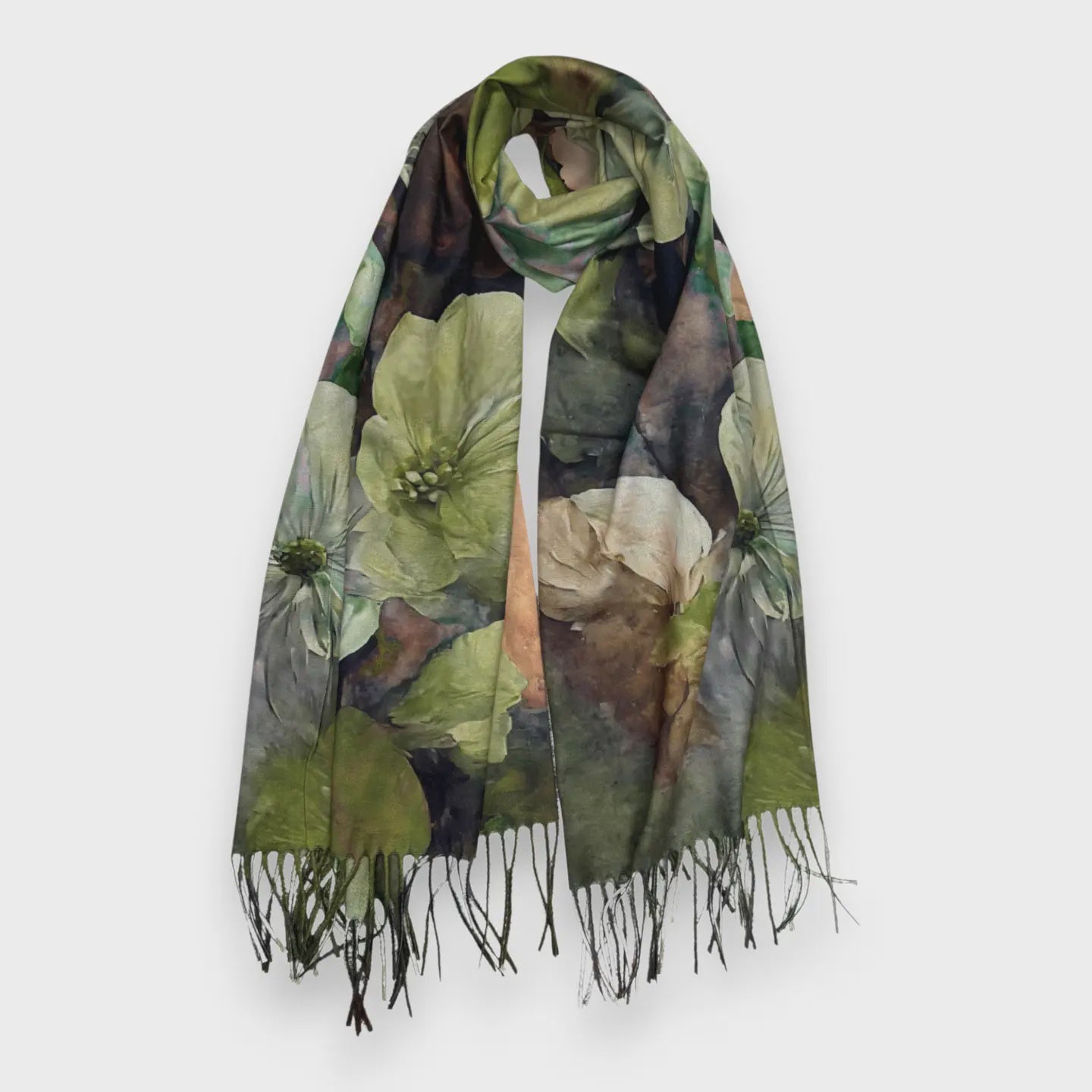 Big Flower Wool Blend Digital Print Scarf Khaki