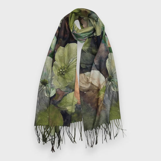 Big Flower Wool Blend Digital Print Scarf Khaki