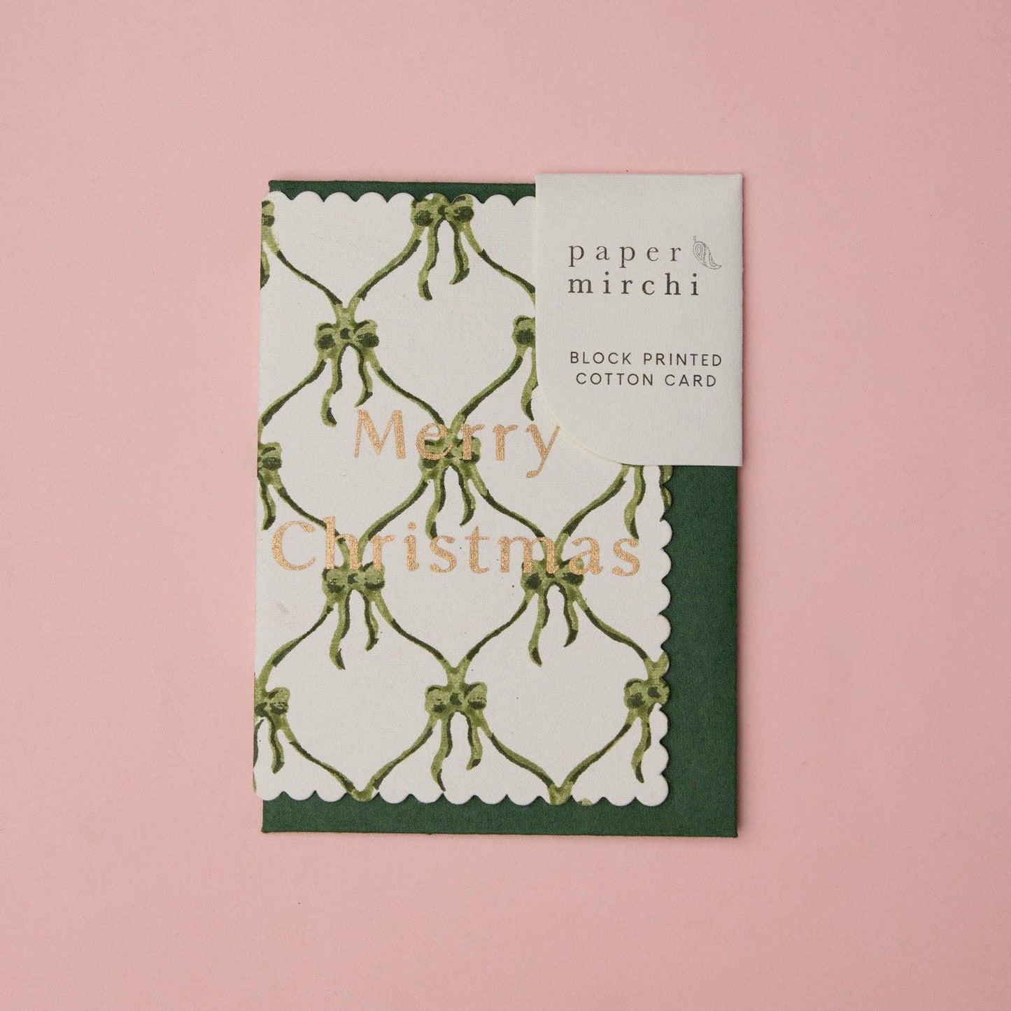 Paper Mirchi Hand Block Printed Greeting Card - Bows Holly Green