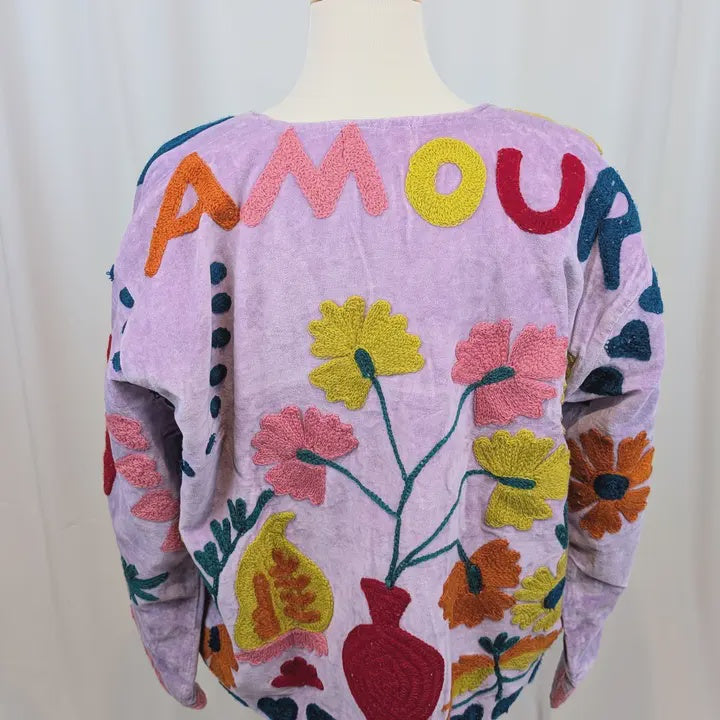 AMOUR Lilac Velvet Suzani Kimono Embroidered Boho Jacket - Precious Sparkle