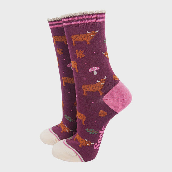 Sock Talk Women's Bamboo Socks Berry, Highland Cow Toadstool
