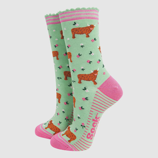 Sock Talk Bamboo Socks Highland Cow Flower Meadow - Precious Sparkle